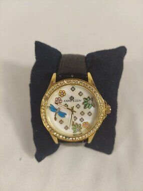 Vintage 1988 Anne Klein Dragonfly Rhinestone Watch Leather Band